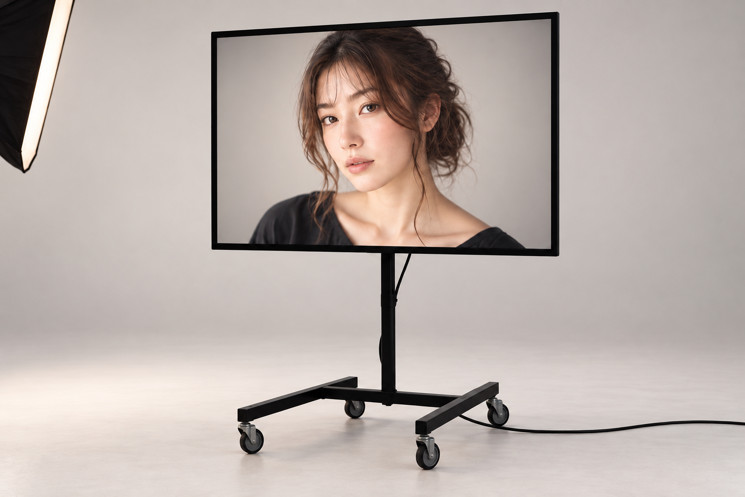 日本人モデルのポートレートを大型モニターで確認するテザー撮影のイメージ